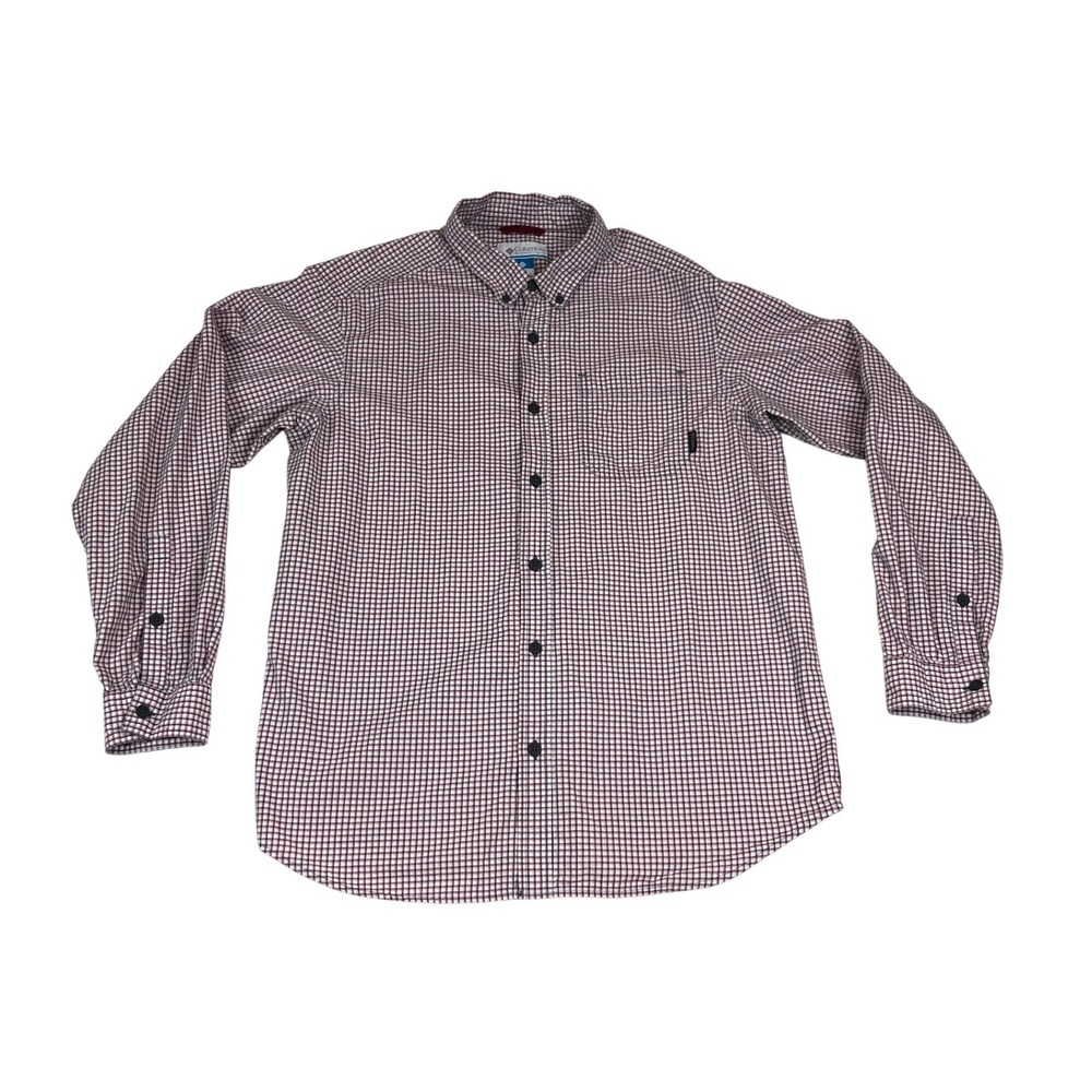 Columbia Mens Red Navy Plaid Long Sleeve Button Down Collared Shirt AM7968 Large